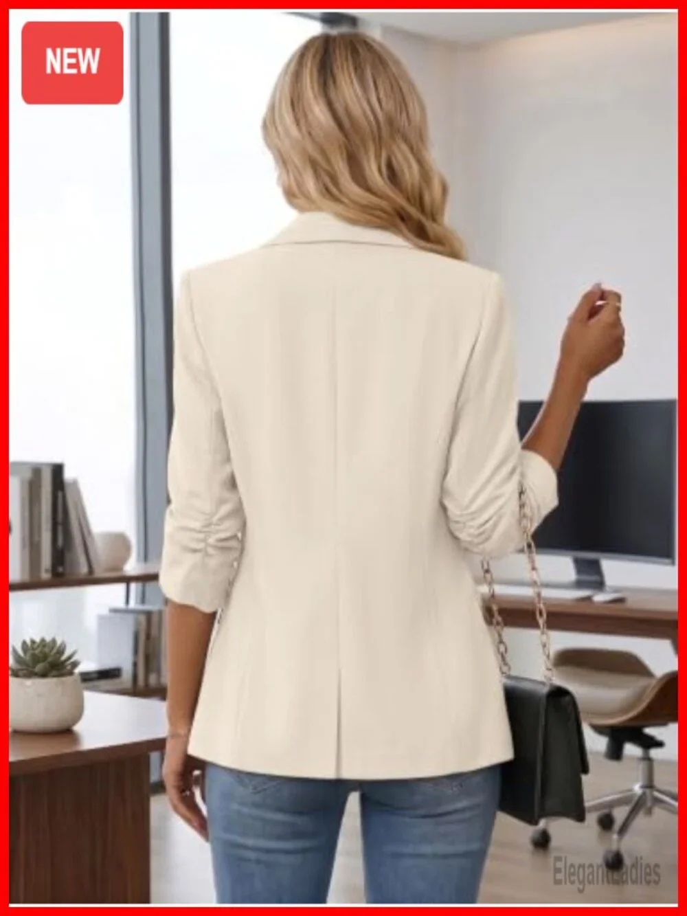 Lightweight Womens 3/4 Ruched Sleeve Blazer Business Casual Work Office Jacket